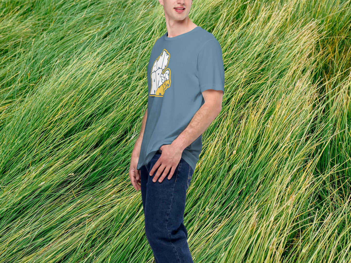 ann arbor shirt, retro t shirts, front left, male model, green grass background