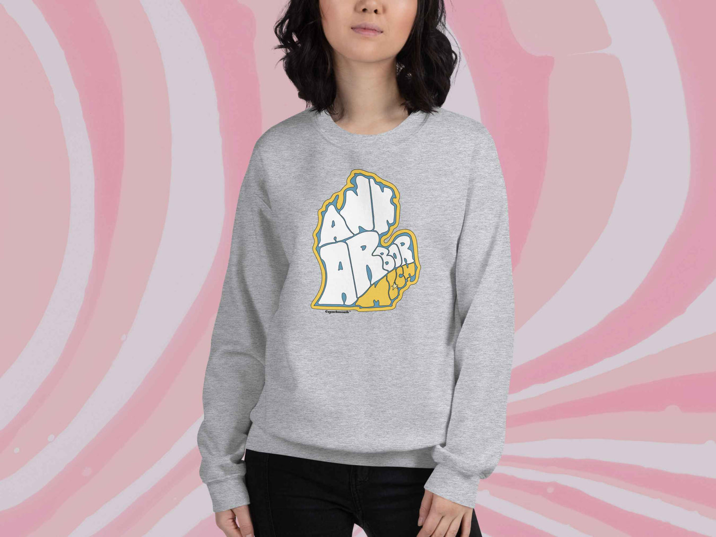 ann arbor sweatshirt, retro sweatshirts, female model, front, pink swirl background