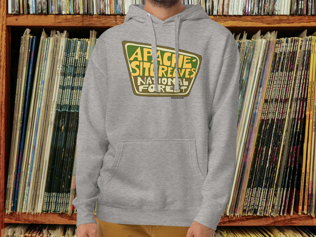 apache-sitgreaves national forest hoodie, front, male, vinyl record shelf background