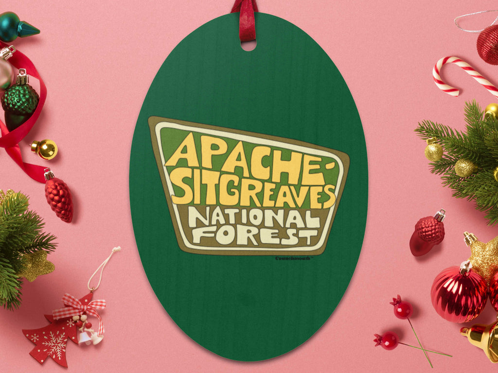 apache sitgreaves national forest wooden Christmas ornament, front.. Christmas decoration themed background
