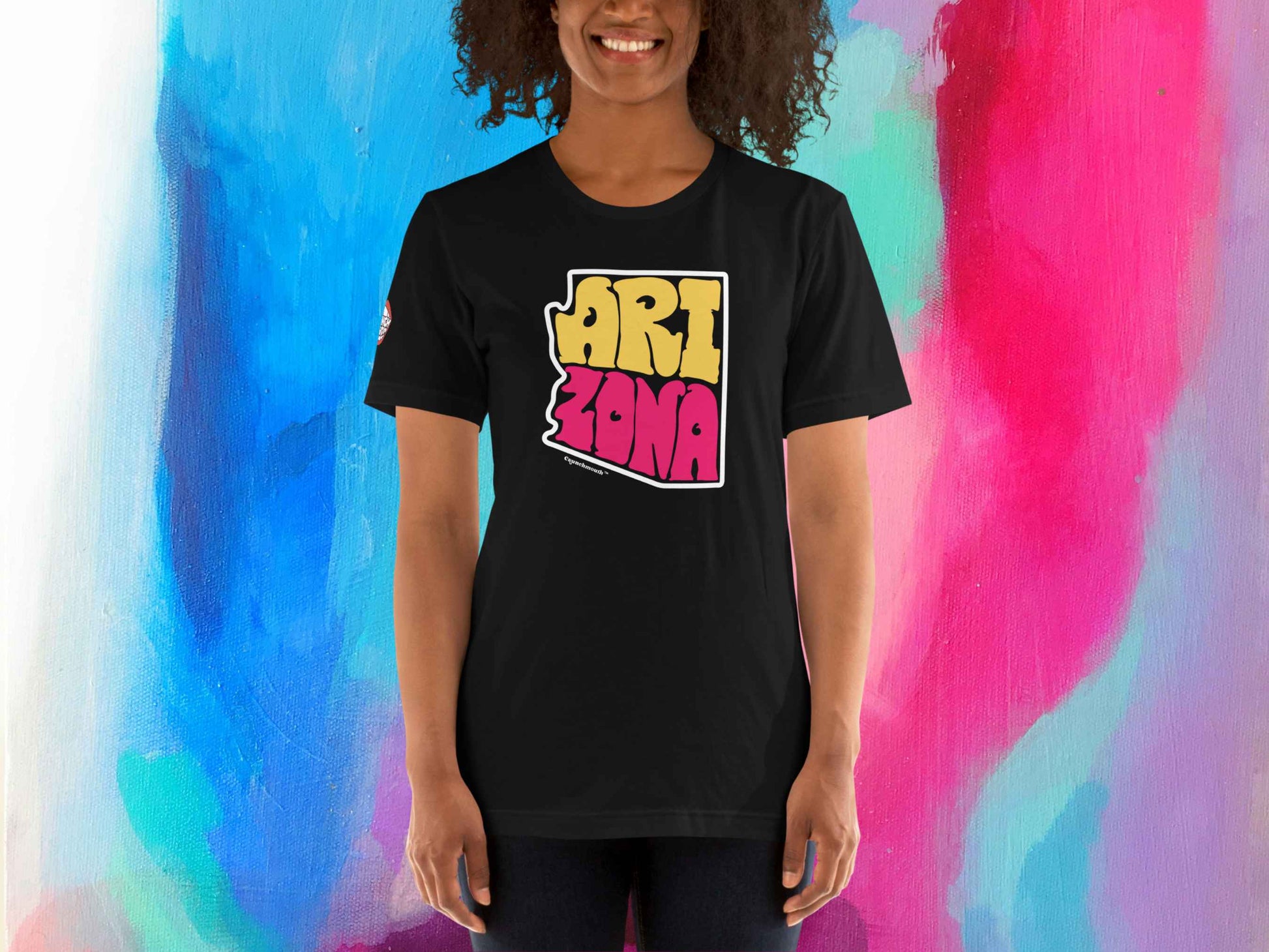 arizona shirt, souvenir t shirts, front, female model, tie dye background