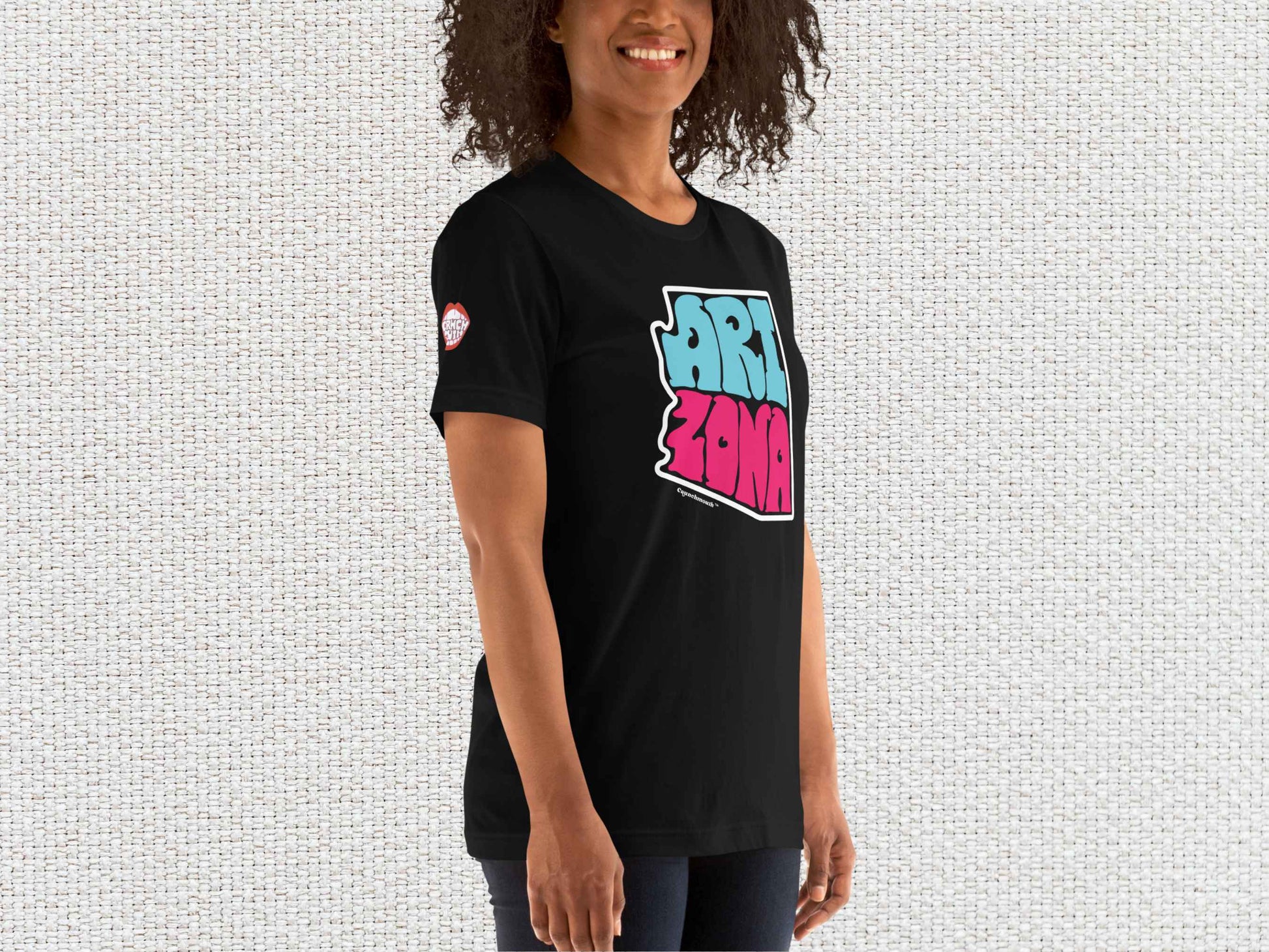 arizona shirt, right front, female model, white textured background