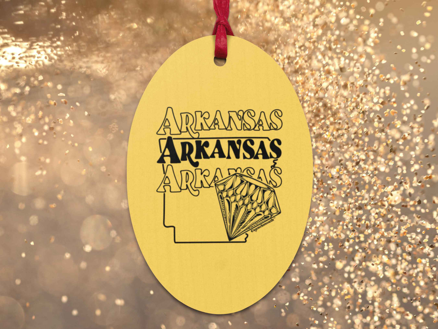 arkansas diamond state Christmas ornament, back, gold glitter background