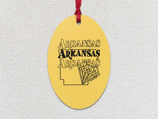 arkansas diamond state Christmas ornament, front, white textured background