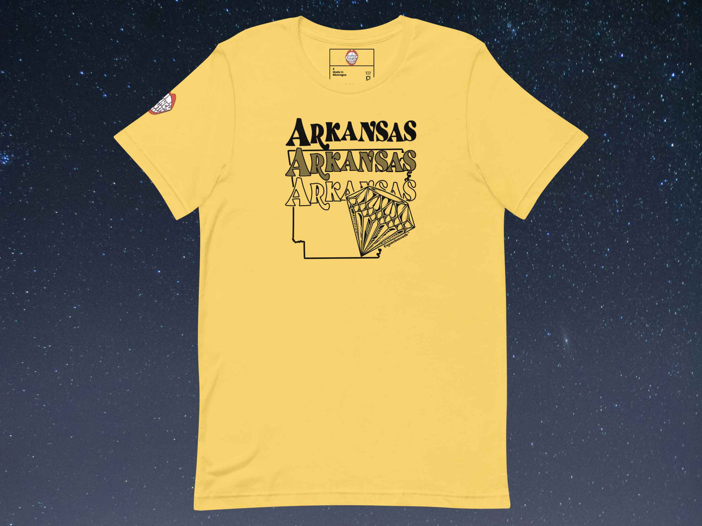 arkansas shirt, souvenir t shirts, flat, front, starry night sky background