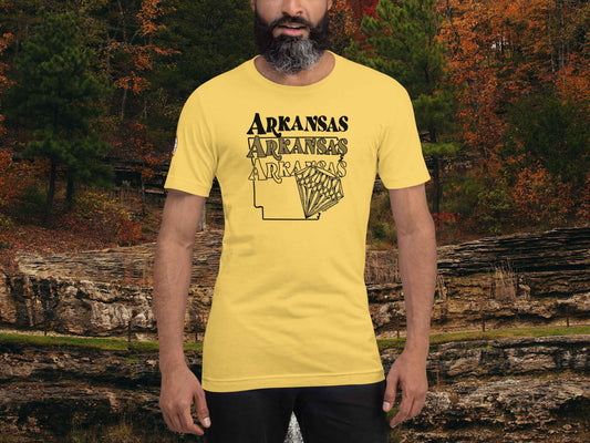 arkansas shirt, souvenir t shirts, male model, front, autumn forest background