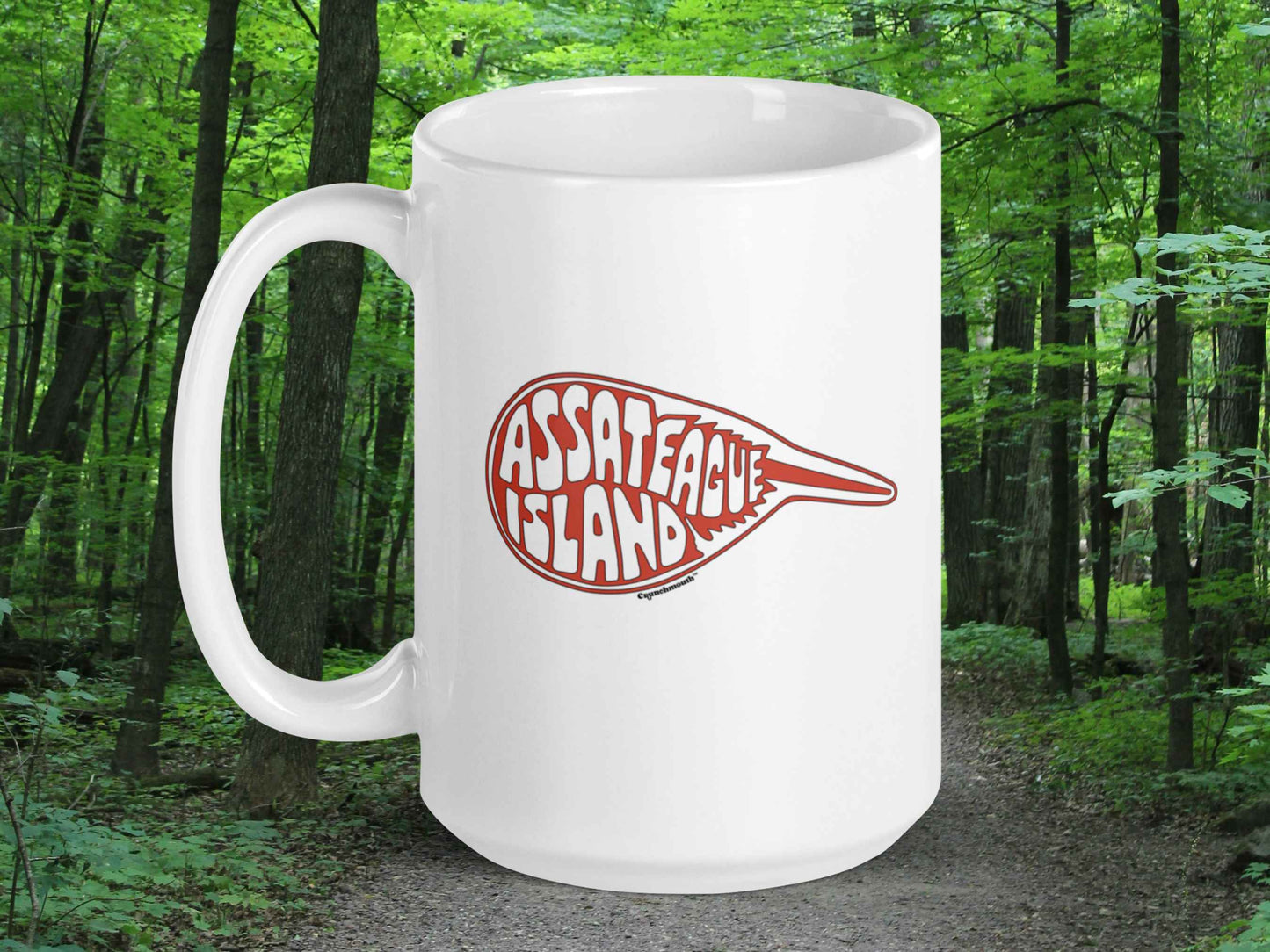 assateague island coffee mug, 15 oz, handle on left, forest trail background