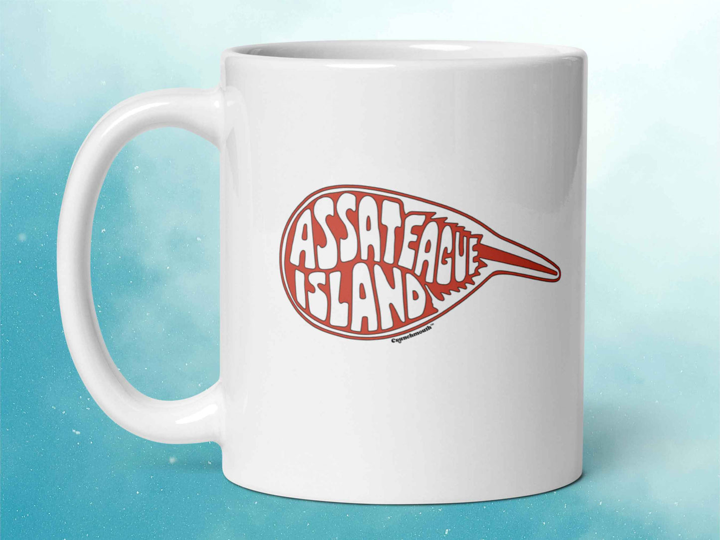 assateague island coffee mug, 11 oz, handle on left, blue sky background