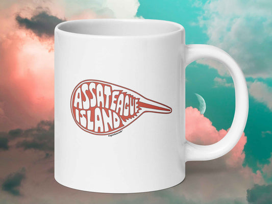 assateague island coffee mug, 20 oz, handle on right, cloud sky background