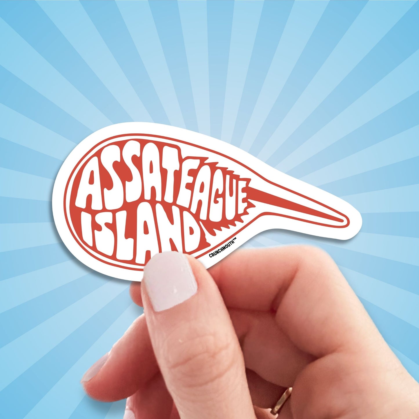 ASSATEAGUE ISLAND HORSESHOE CRAB travel luggage sticker, hand display, sun rays design background
