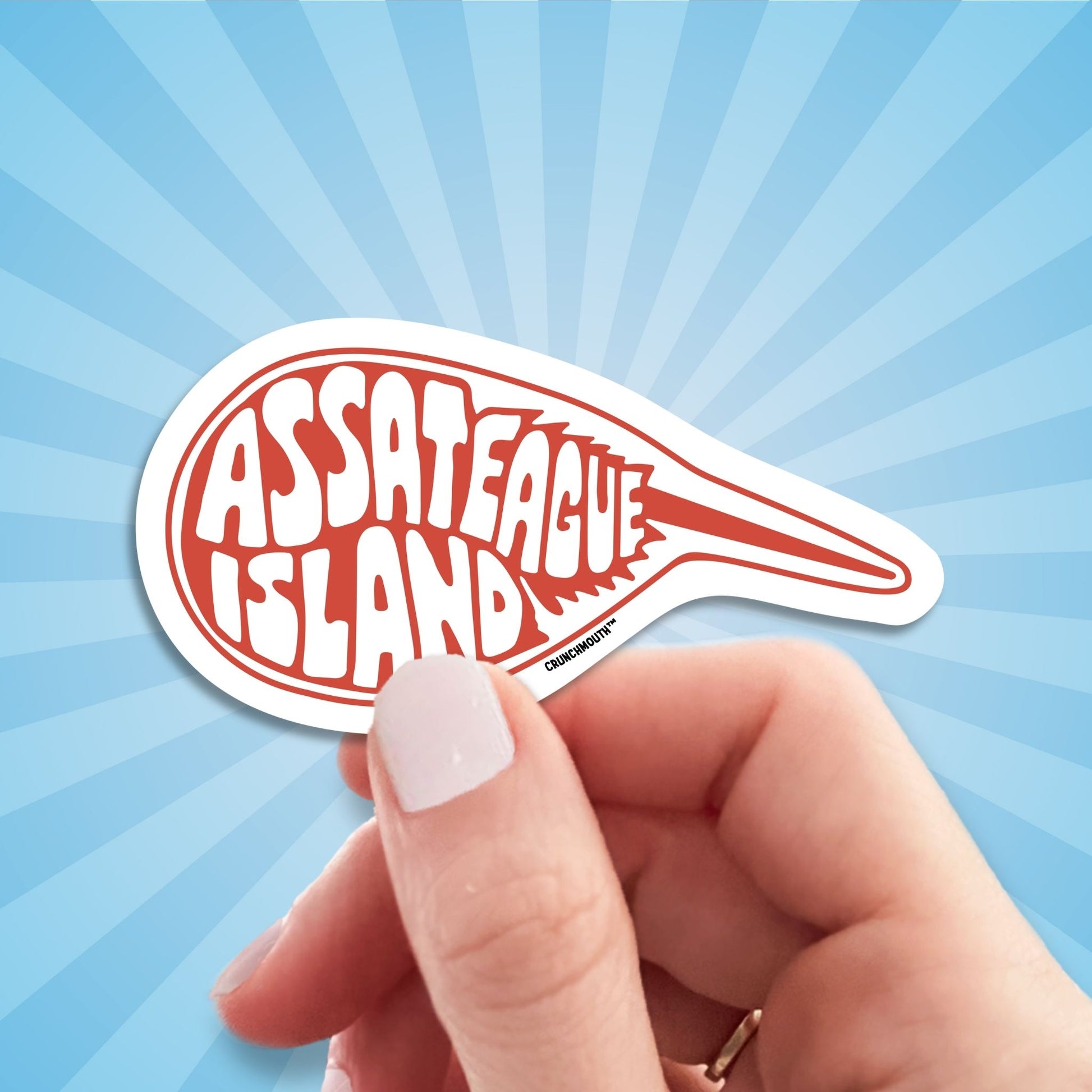 ASSATEAGUE ISLAND HORSESHOE CRAB travel luggage sticker, hand display, sun rays design background
