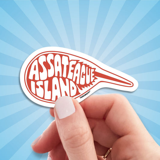 ASSATEAGUE ISLAND HORSESHOE CRAB travel luggage sticker, hand display, sun rays design background
