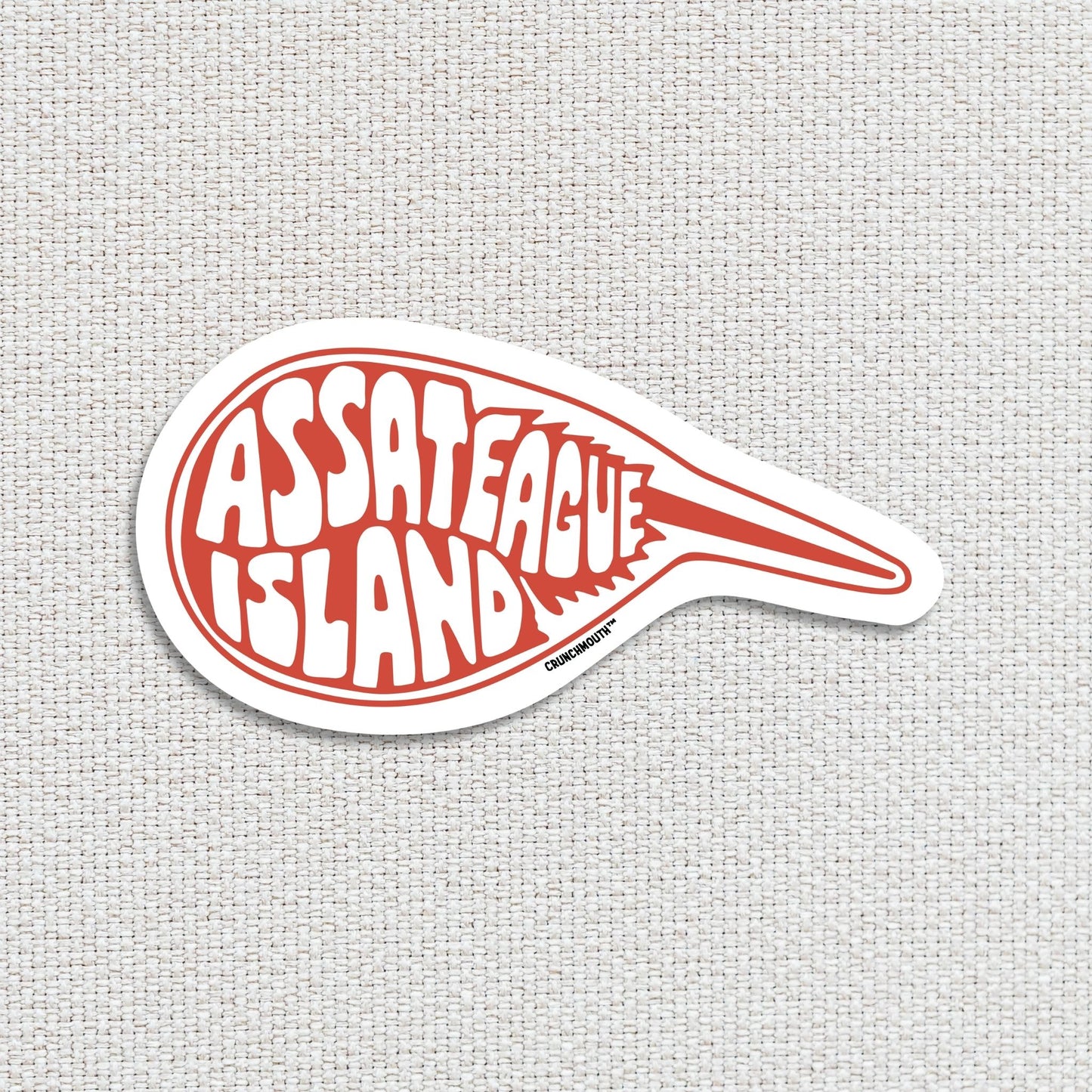 ASSATEAGUE ISLAND HORSESHOE CRAB travel luggage sticker, textured fabric background
