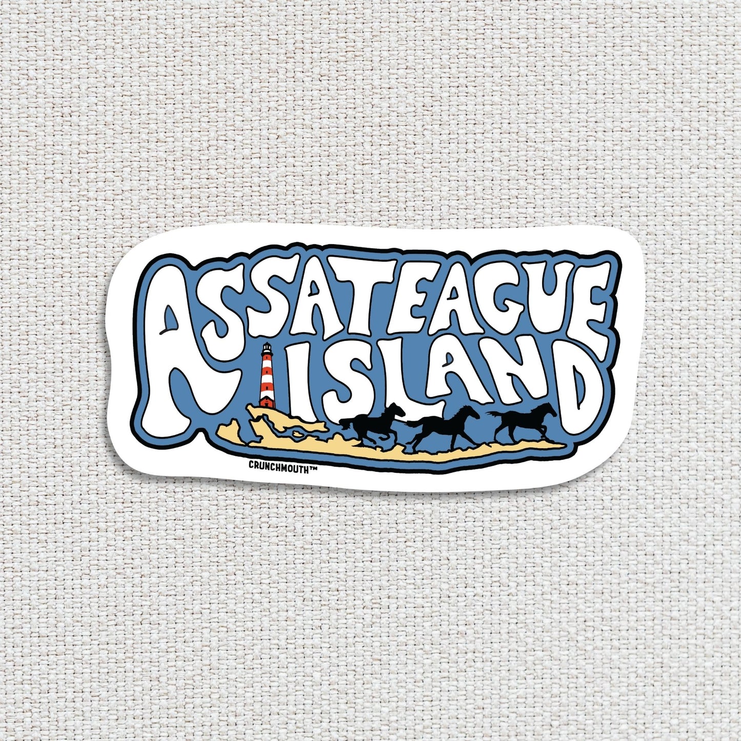 assateague island travel luggage sticker, textured fabric background
