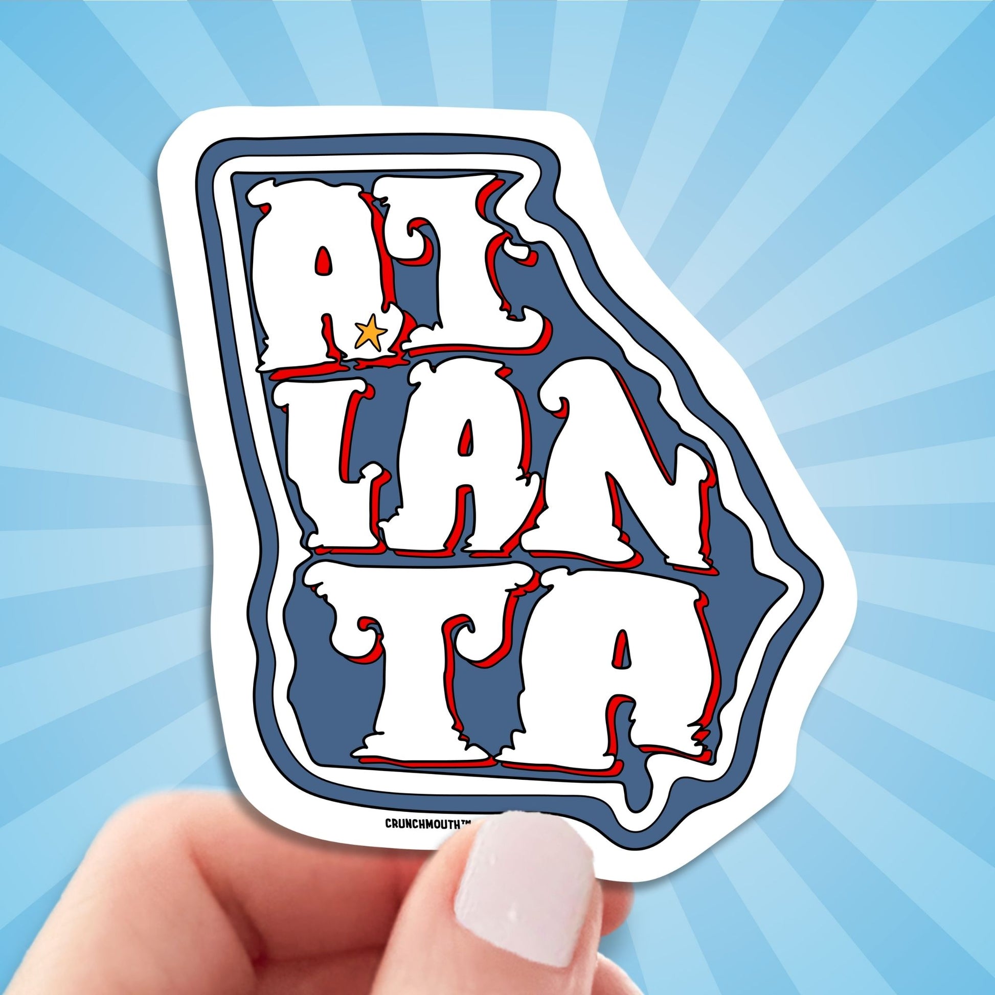 atlanta travel luggage sticker, hand display, sun rays design background