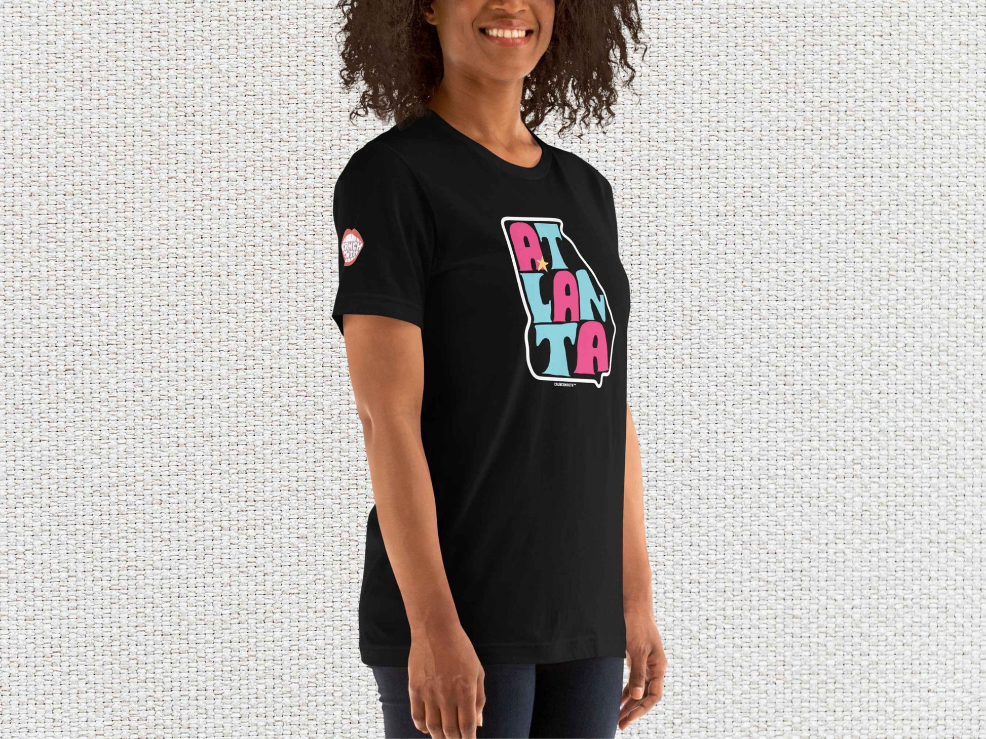 atlanta shirt, female model, front right, white textured background