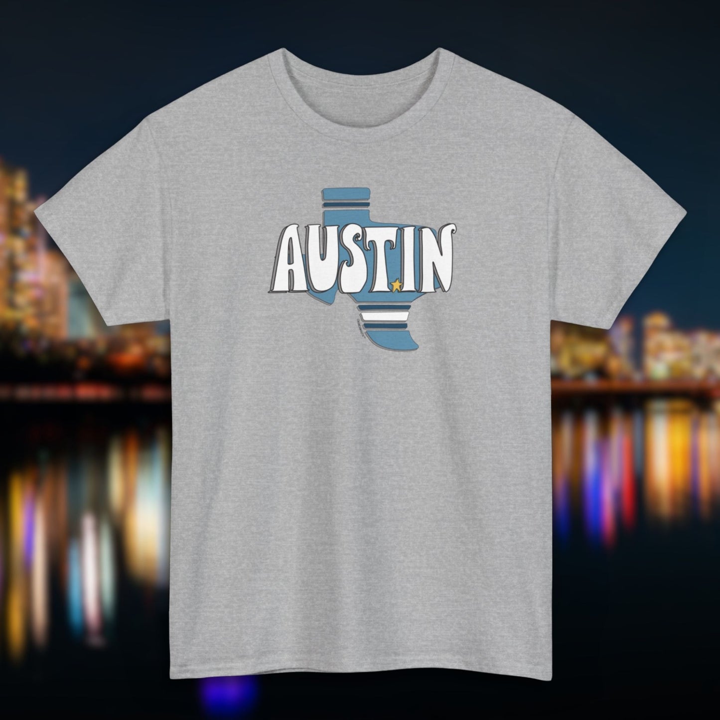 austin texas tshirt, sport grey color, skyline background 