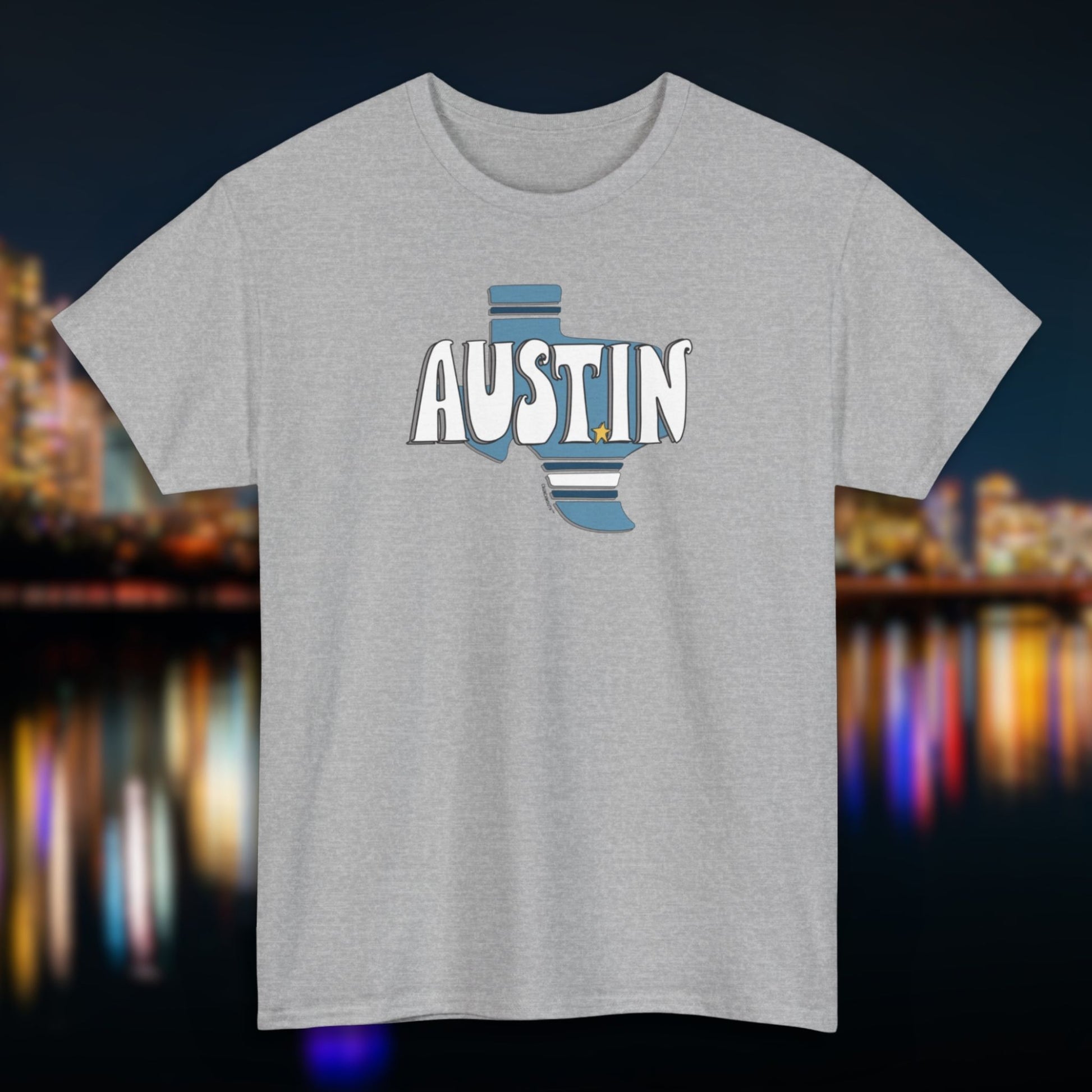 austin texas tshirt, sport grey color, skyline background 