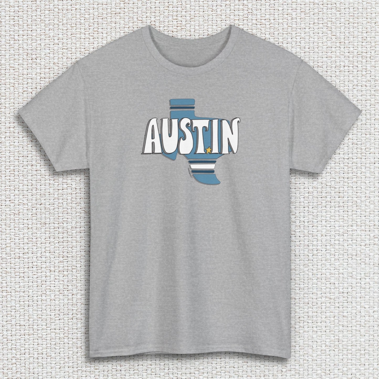 austin texas tshirt, sport grey color, white textured fabric background 