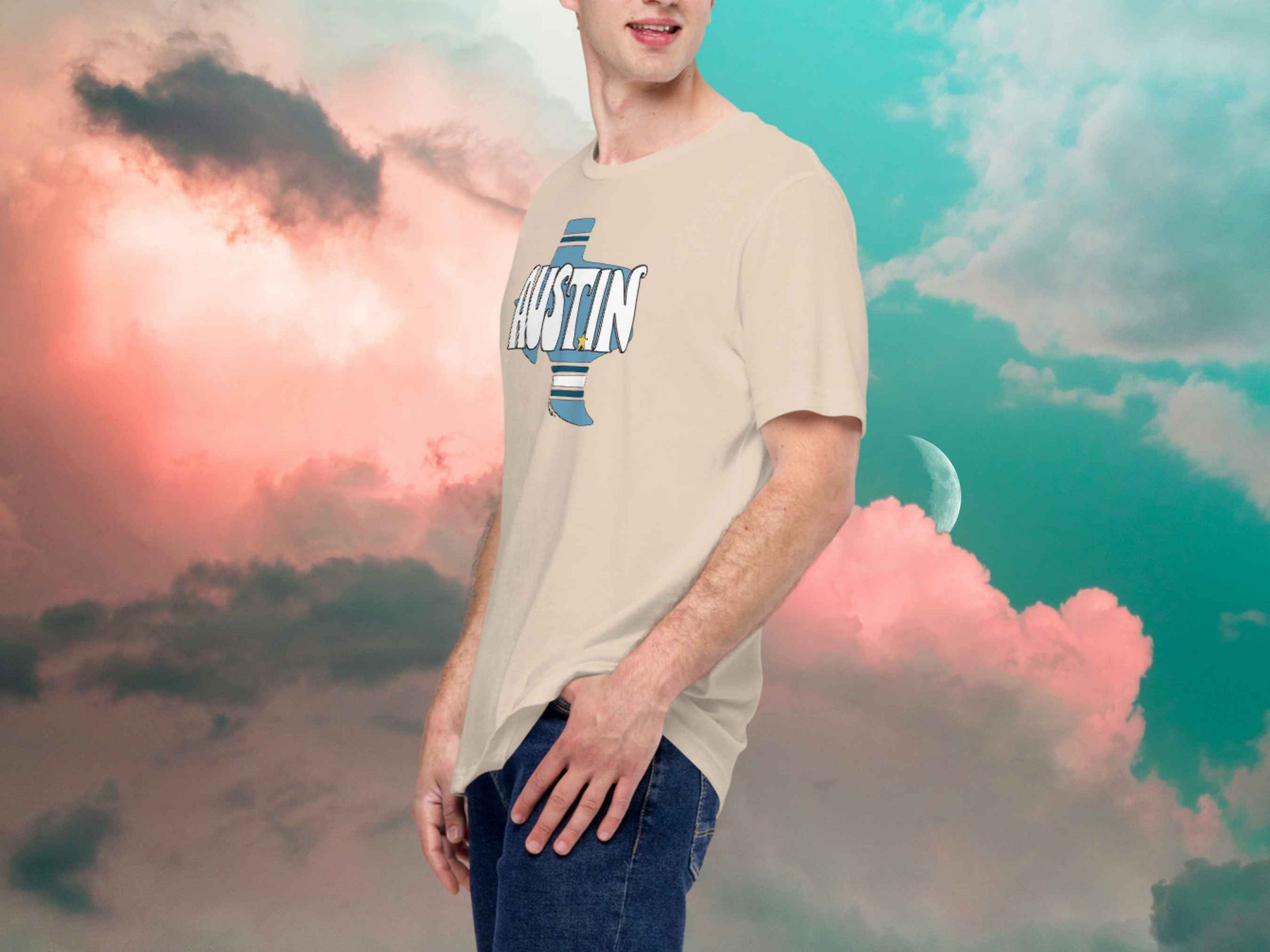 austin texas shirt, male model, front left, cloud sky background