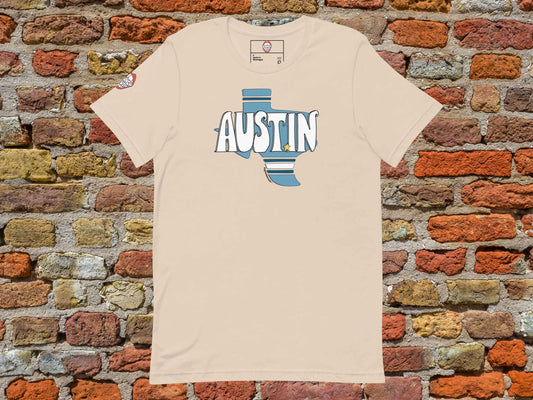 austin texas shirt, flat, front, red brick wall background