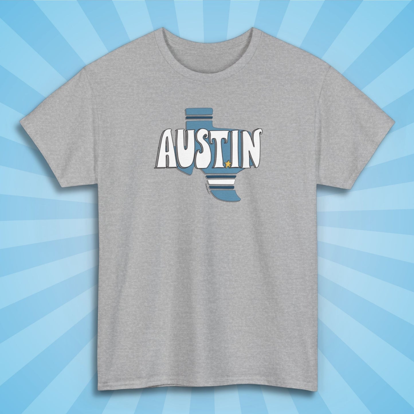 austin texas tshirt, sport grey color, sun rays design background 