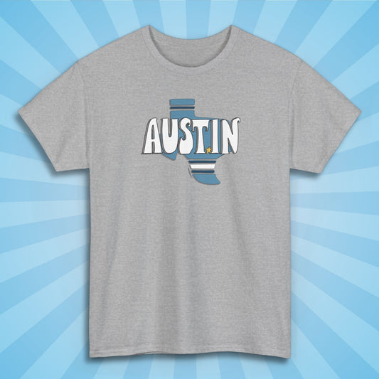 austin texas tshirt, sport grey color, sun rays design background 