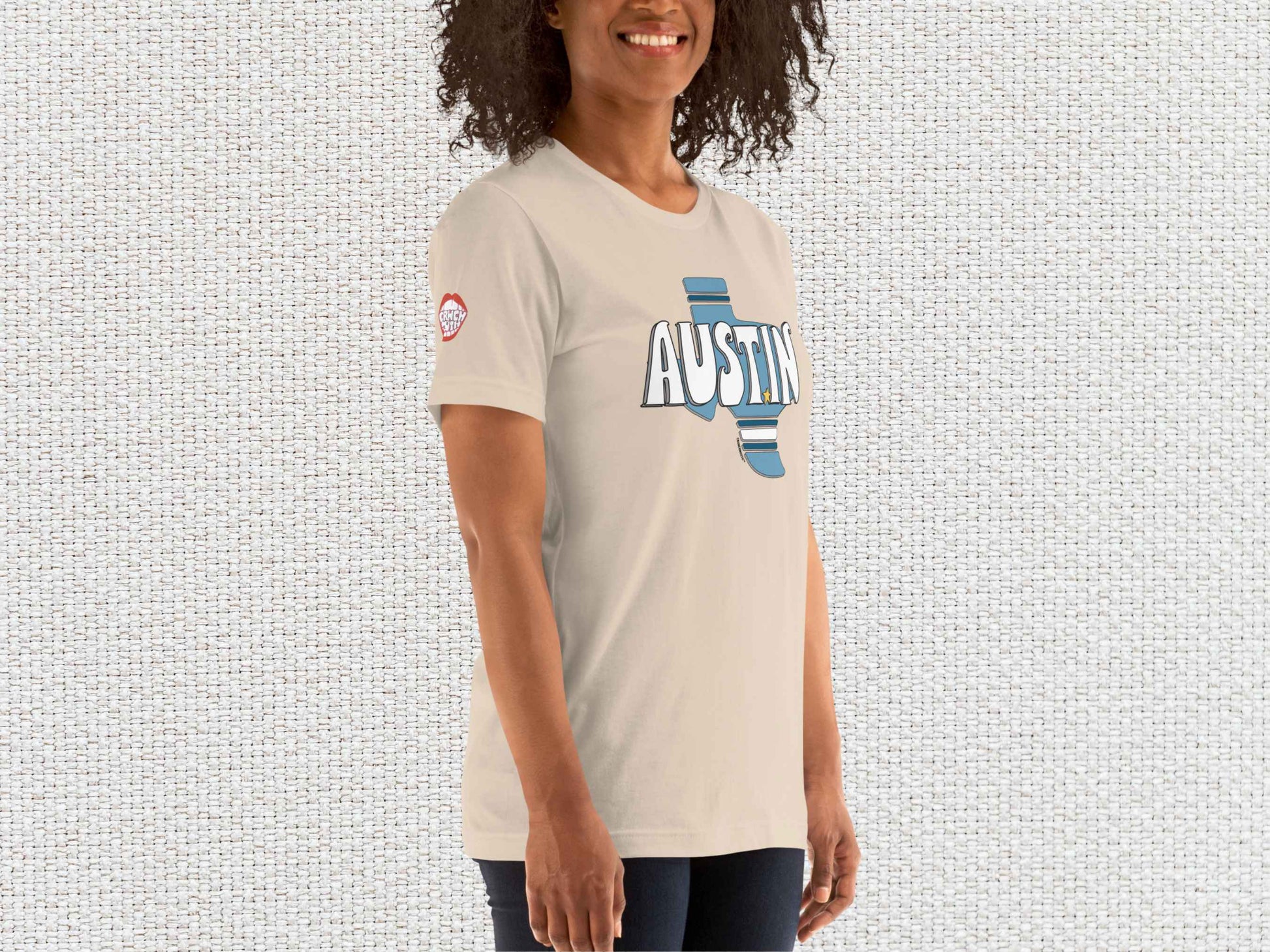 austin texas shirt, female model, front right, white textured background