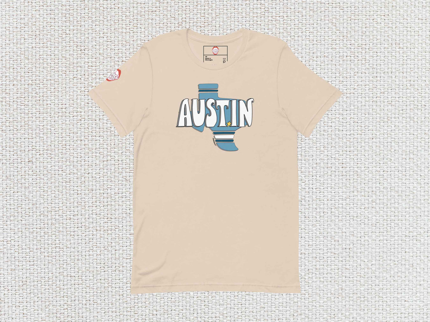 austin texas shirt, flat, front, white textured background