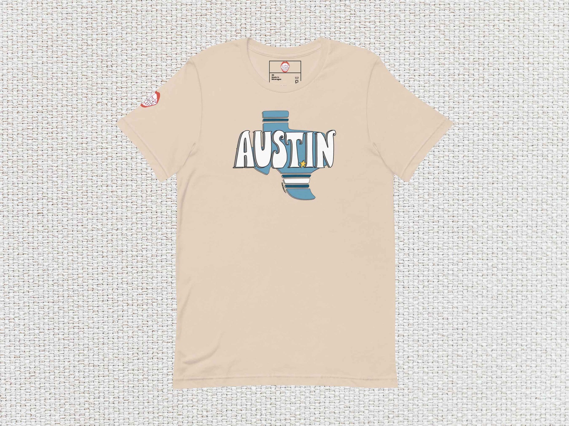 austin texas shirt, flat, front, white textured background