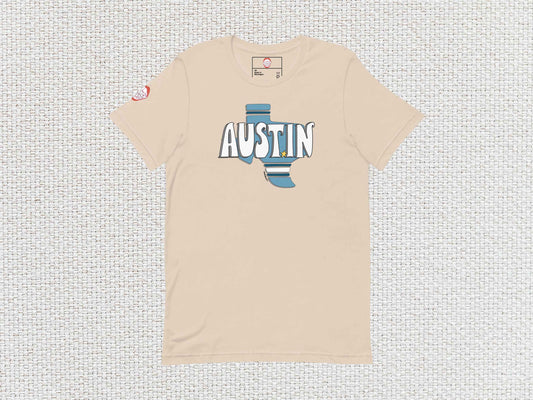 austin texas shirt, flat, front, white textured background