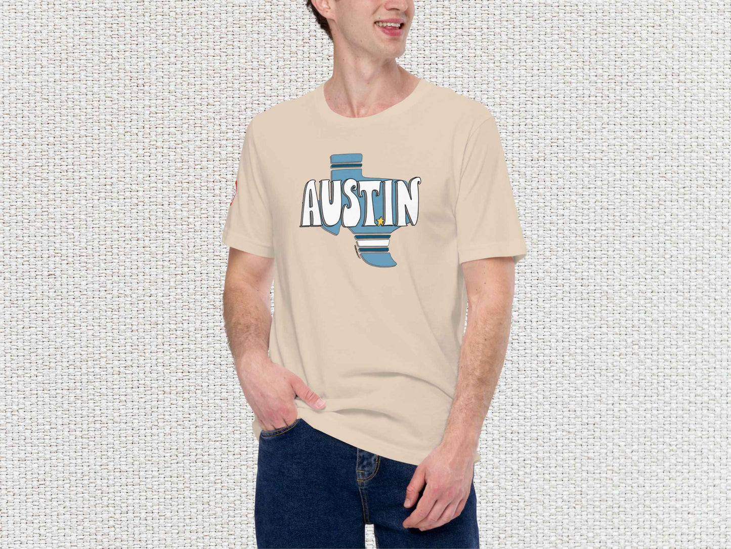 austin texas shirt, male model, front, white textured background