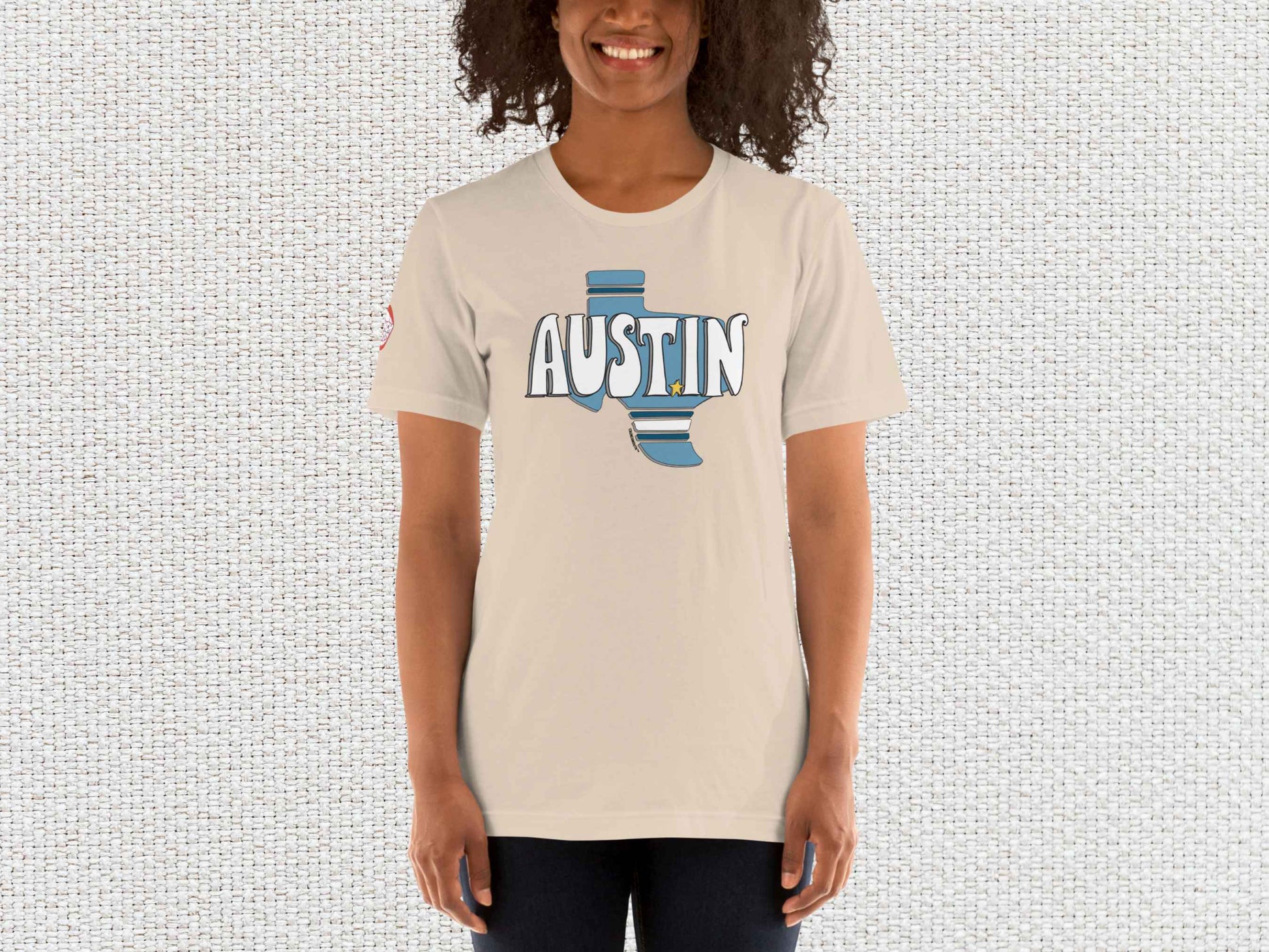 austin texas shirt, female model, front, white textured background