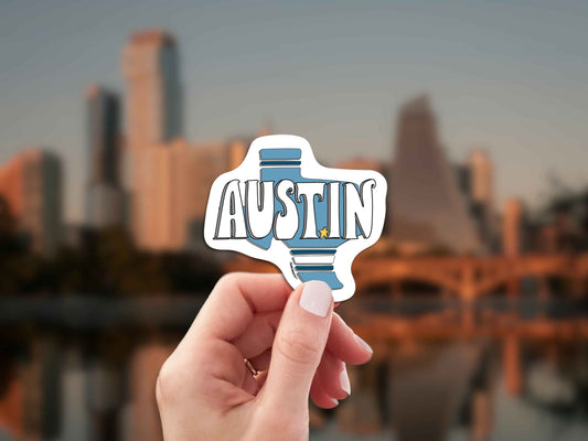 austin texas sticker, hand display, austin skyline background