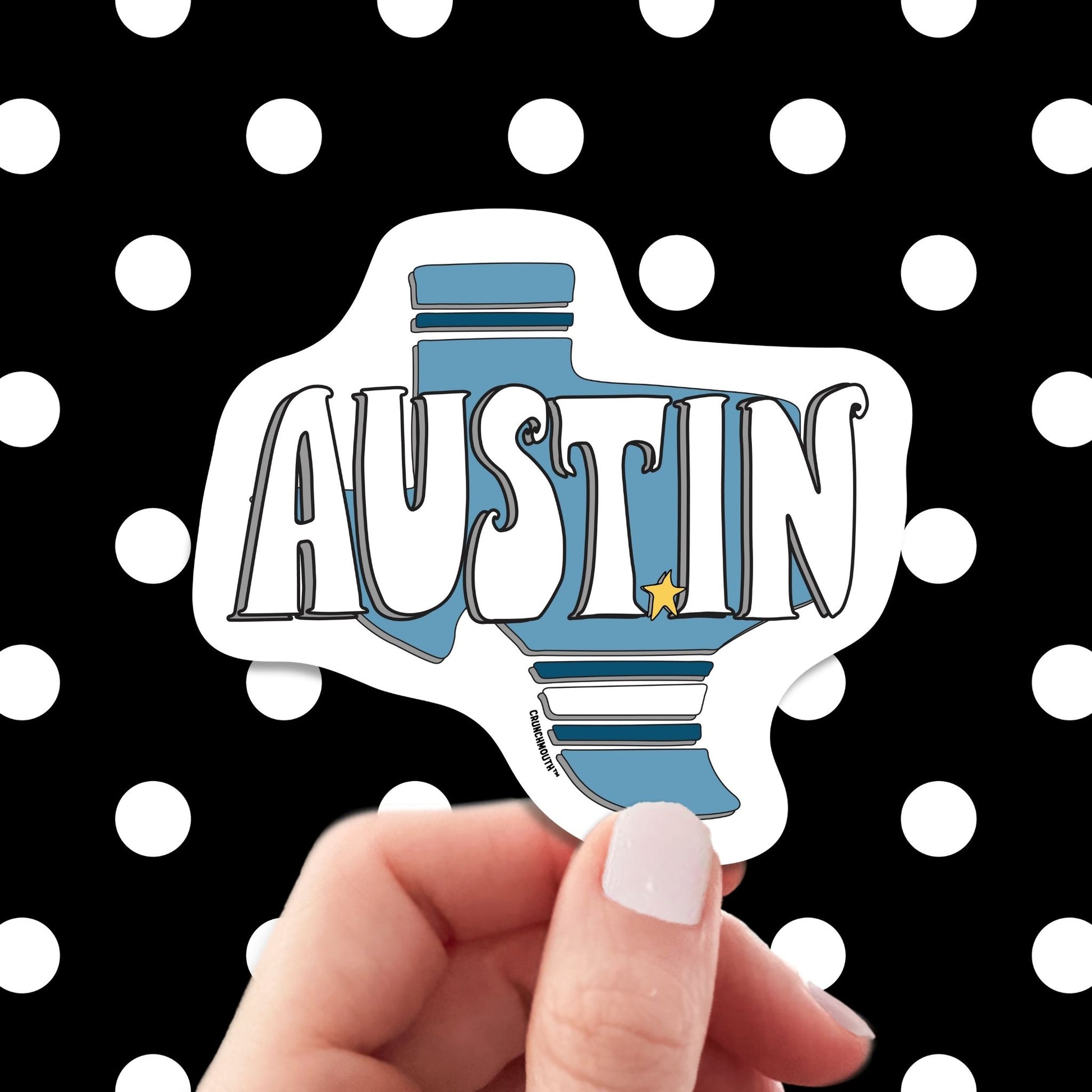 austin travel luggage sticker, hand display, polka dots pattern design background
