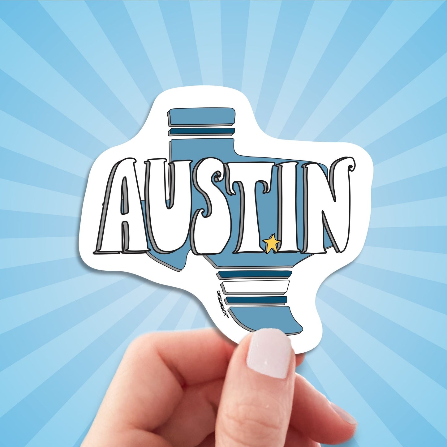 austin travel luggage sticker, hand display, sun rays design background