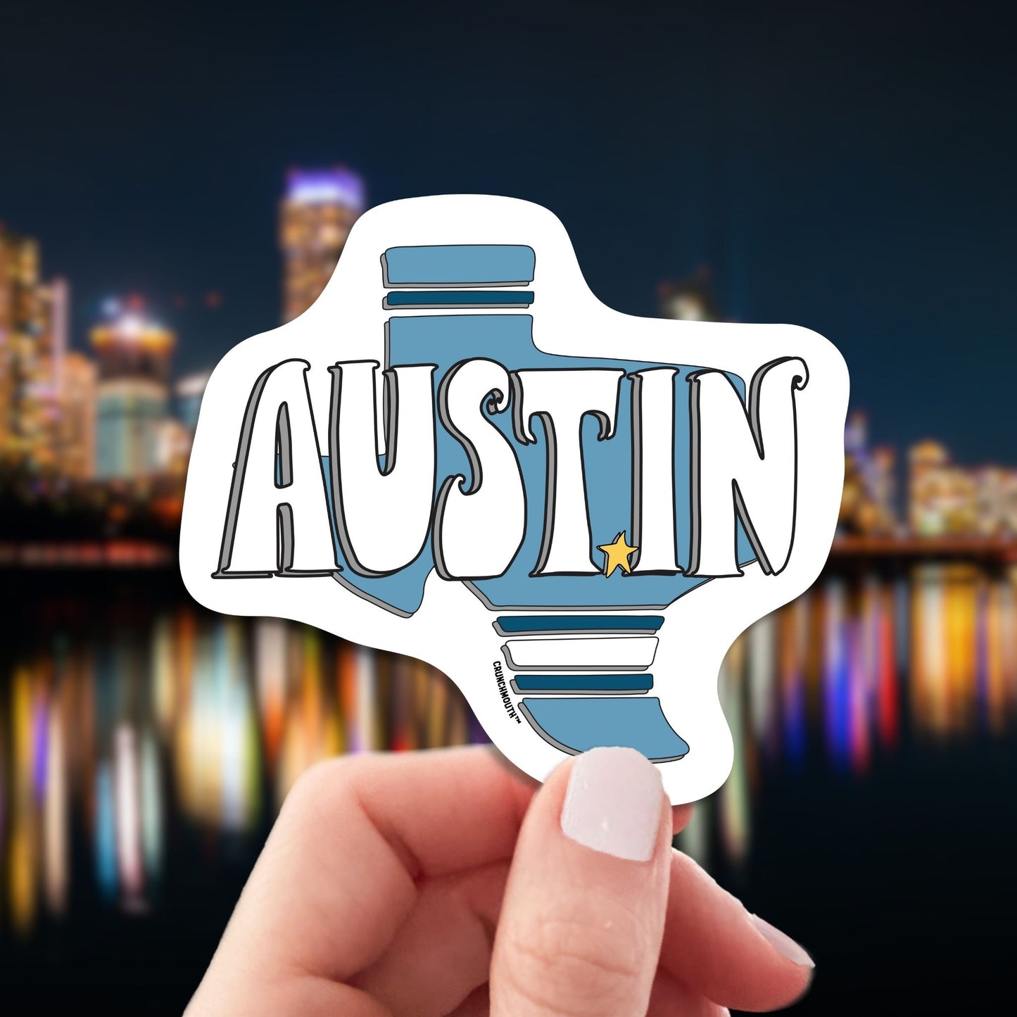 austin travel luggage sticker, hand display, skyline background