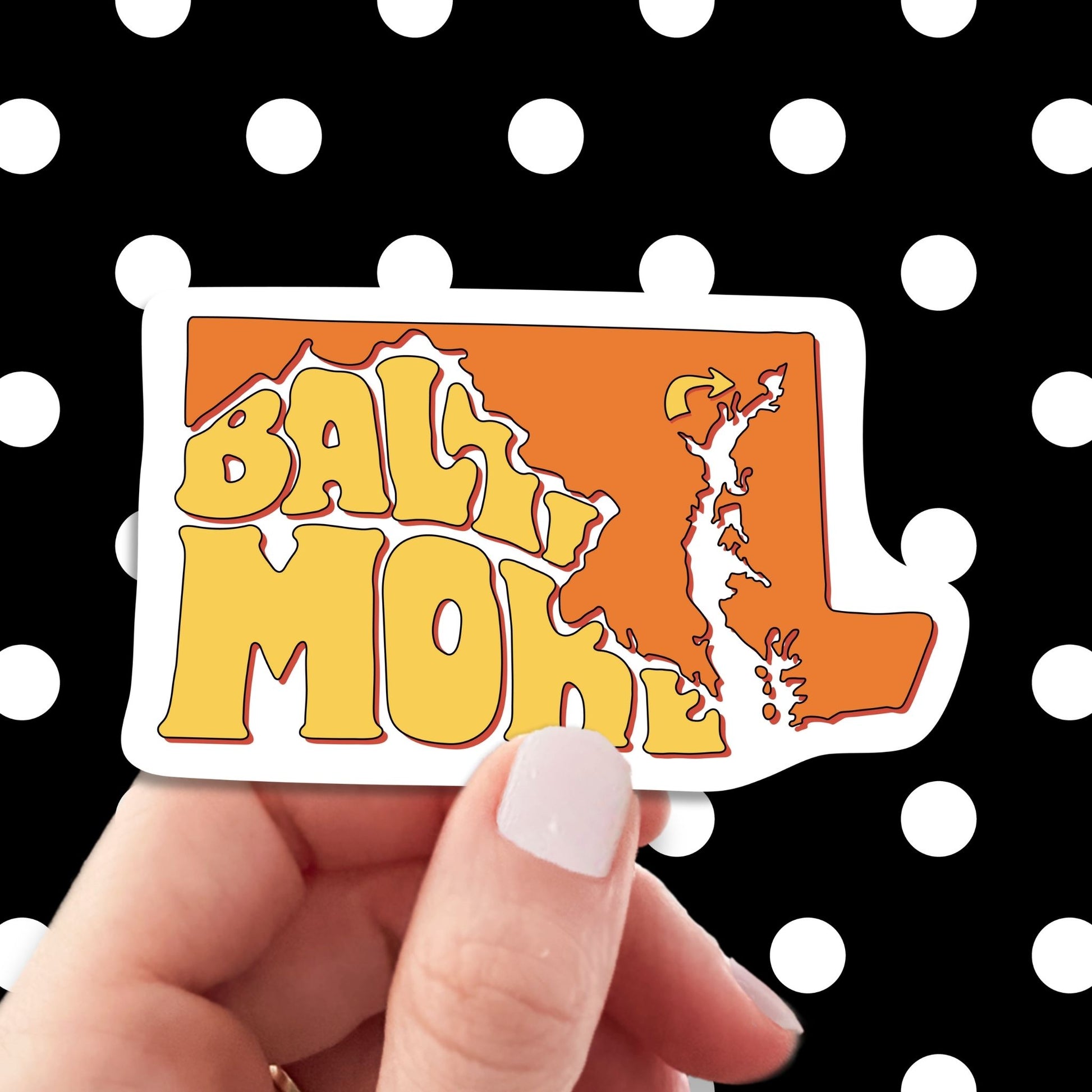 baltimore maryland travel luggage sticker, hand display, polka dots pattern design background