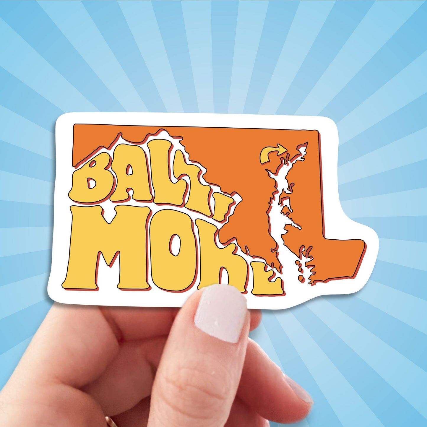 baltimore maryland travel luggage sticker, hand display, sun rays design background