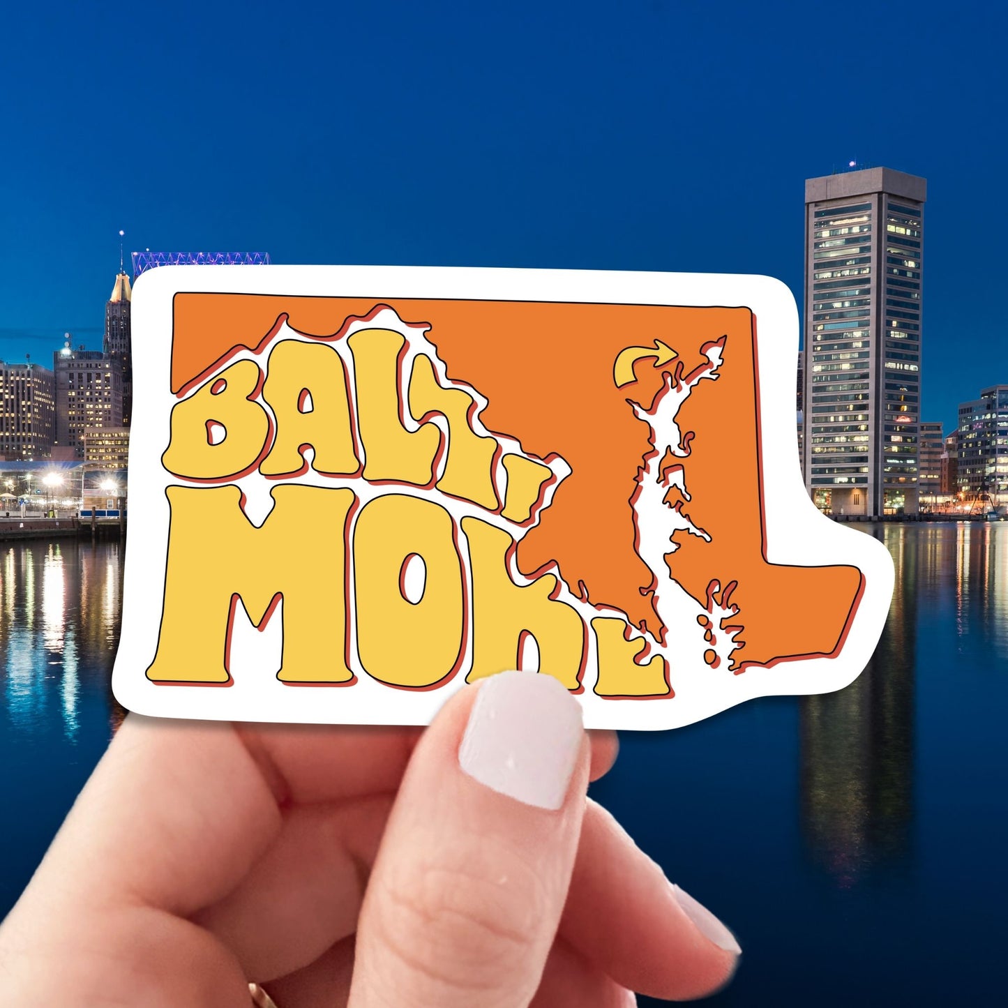 baltimore maryland travel luggage sticker, hand display, baltimore skyline background