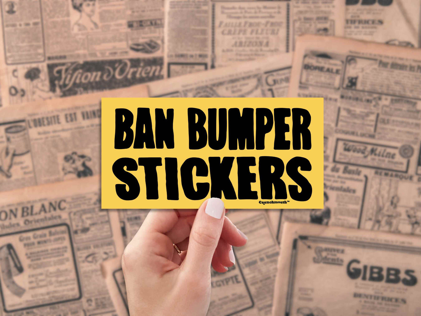 ban bumper stickers bumper sticker, hand display, vintage newspaper ads background