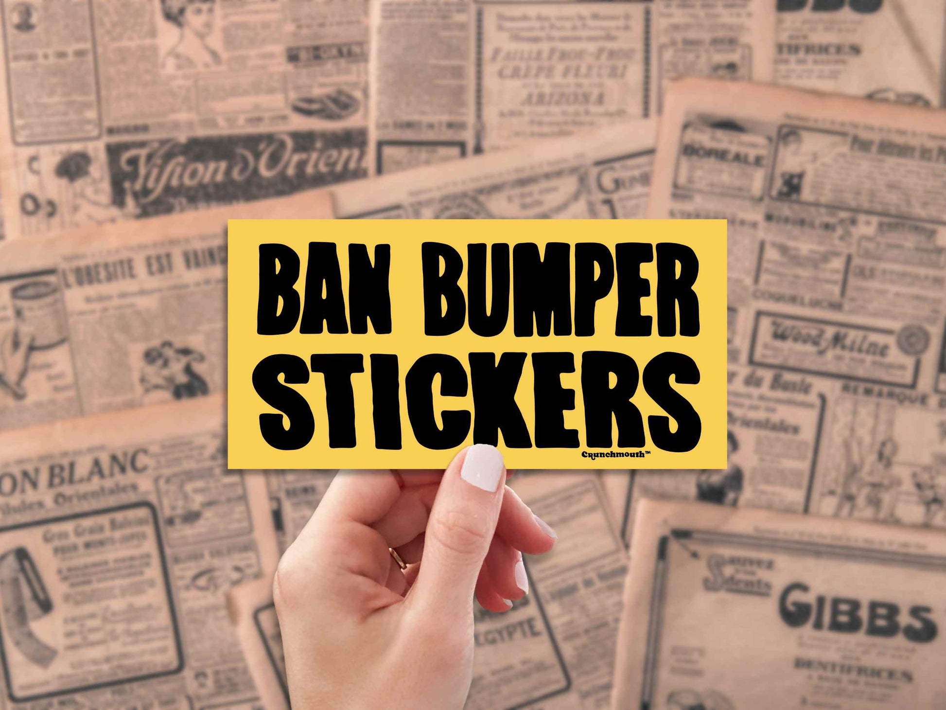 ban bumper stickers bumper sticker, hand display, vintage newspaper ads background