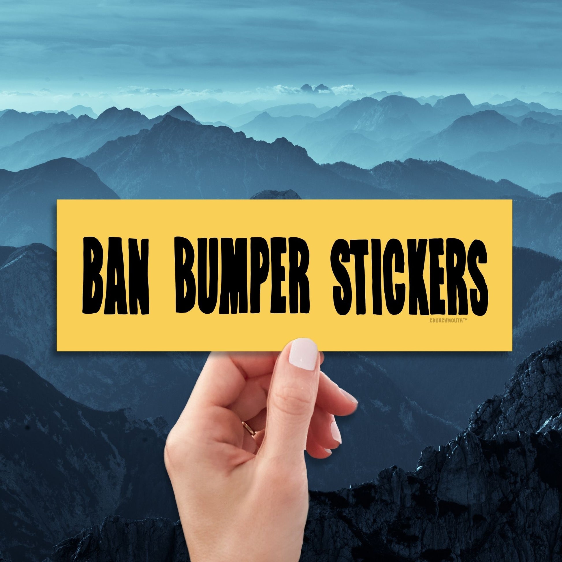 ban bumper stickers funny bumper sticker, hand display, mountains background