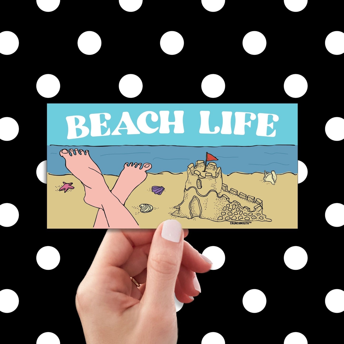 beach life bumper sticker, hand display, polka dots pattern design background
