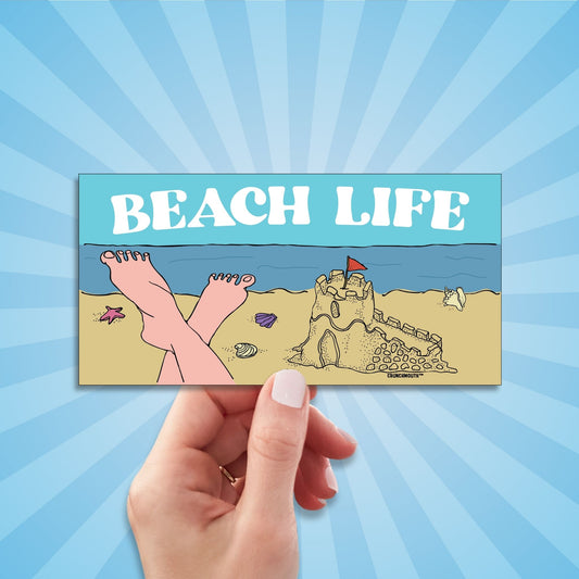 beach life bumper sticker, hand display, sun rays design background
