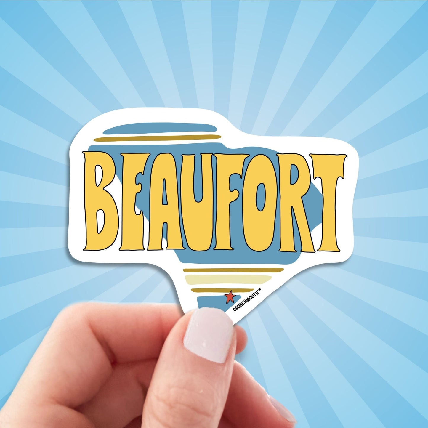 beaufort south Carolina travel luggage sticker, hand display, sun rays design background
