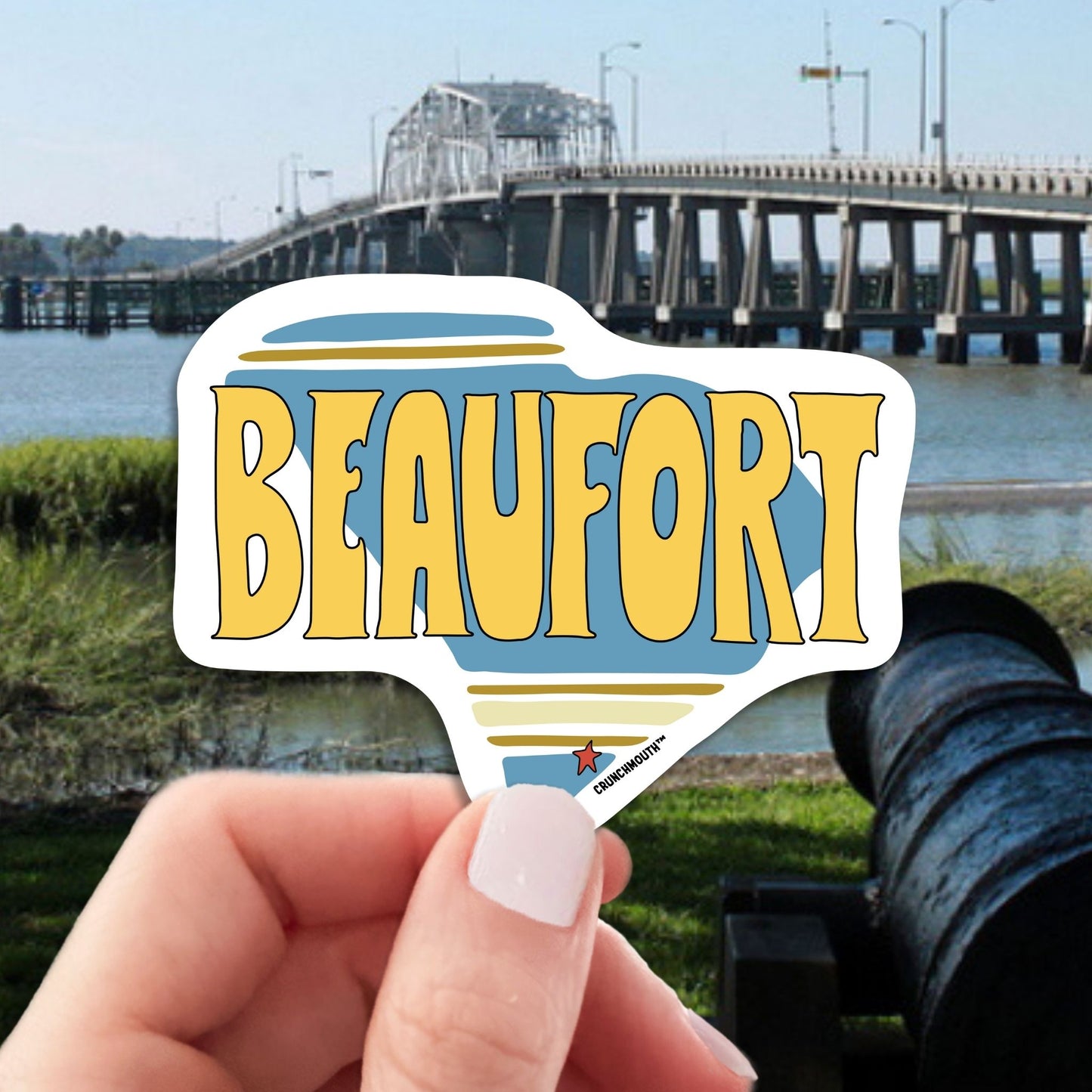 beaufort south Carolina travel luggage sticker, hand display, woods memorial bridge background
