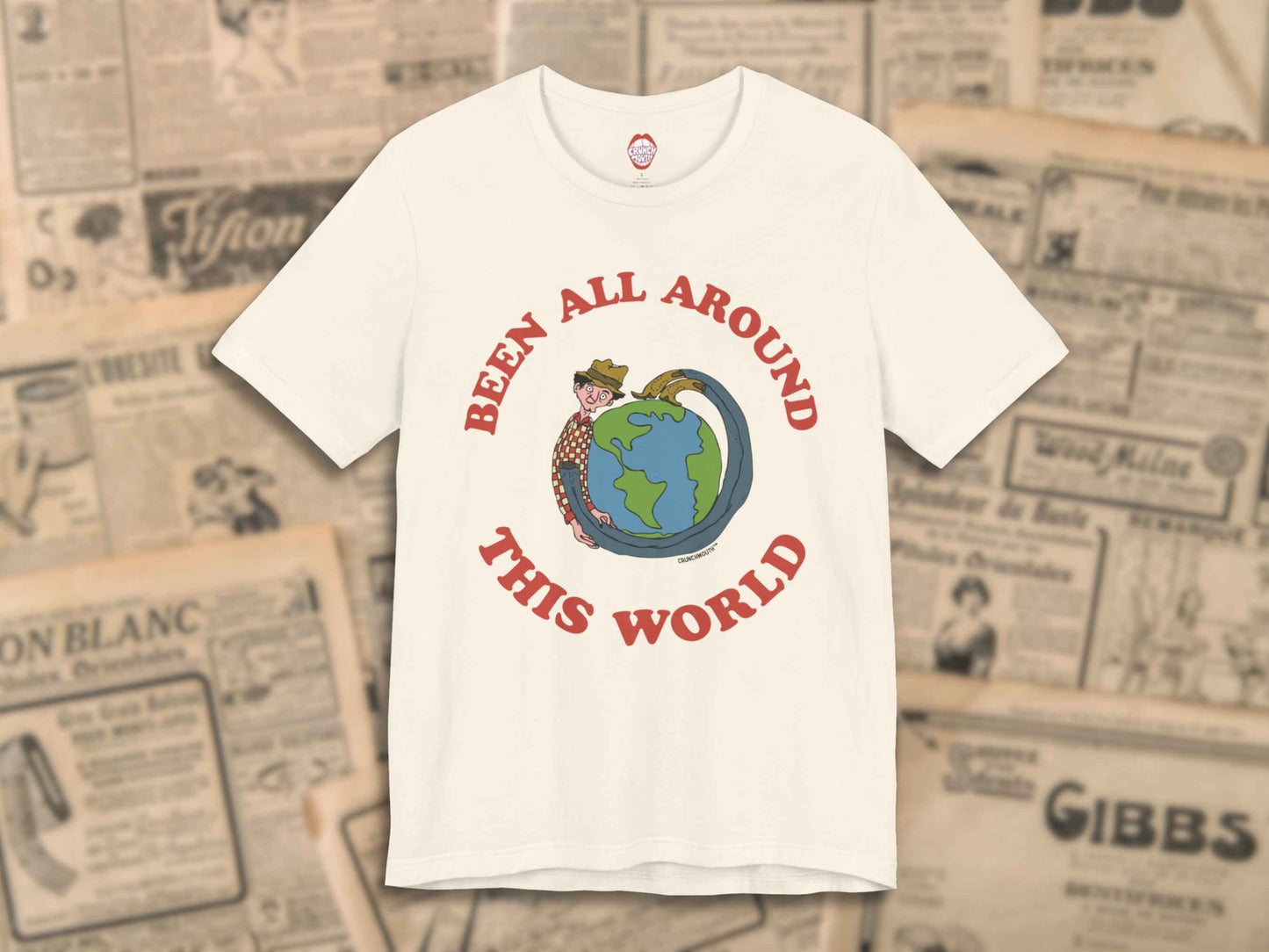 been all around this world shirt, front, antique newspaper ads background