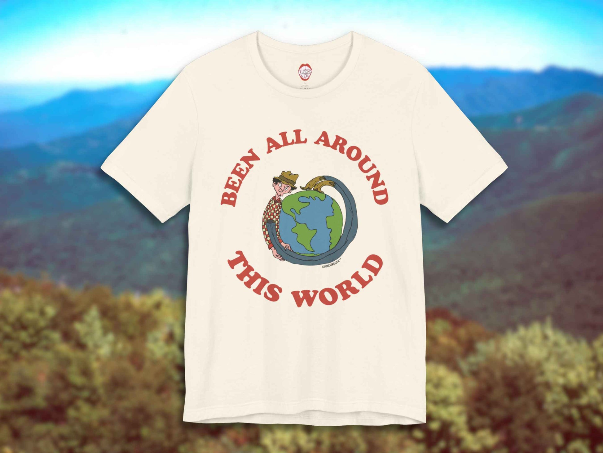 been all around this world shirt, front, green mountains background