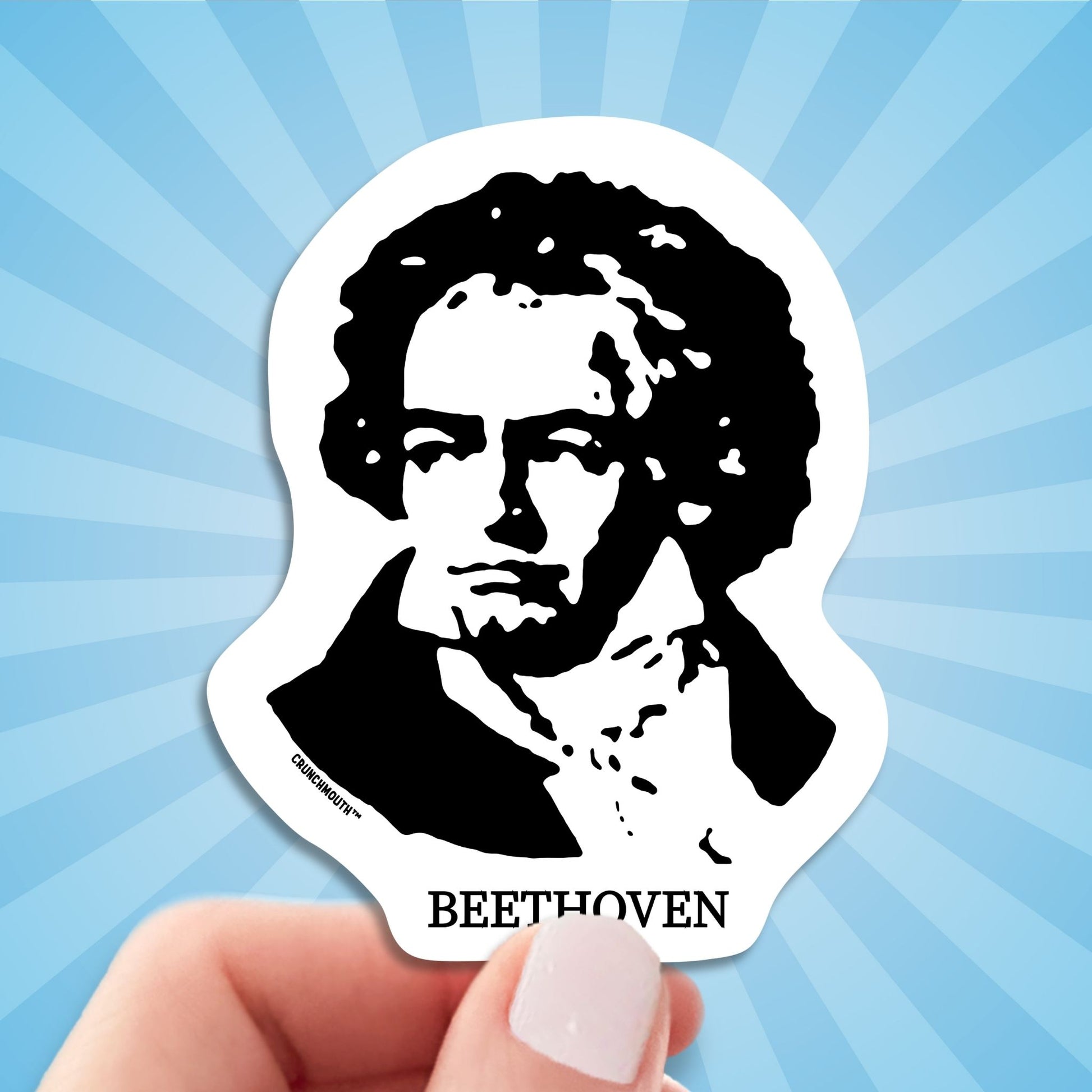 Beethoven sticker, hand display, sun rays design background

